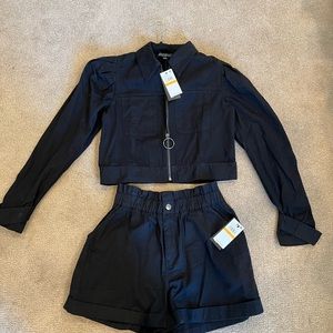 Danielle Bernstein Zip Up Jacket and Paperbag Waist Shorts Set (Black/S)